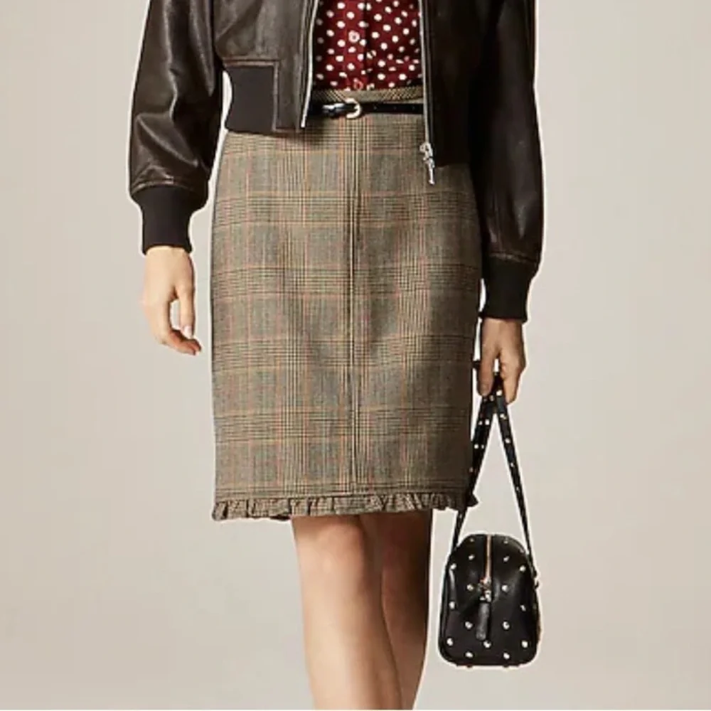 J crew Ruffle-trim pencil midi skirt in glen plaid wool